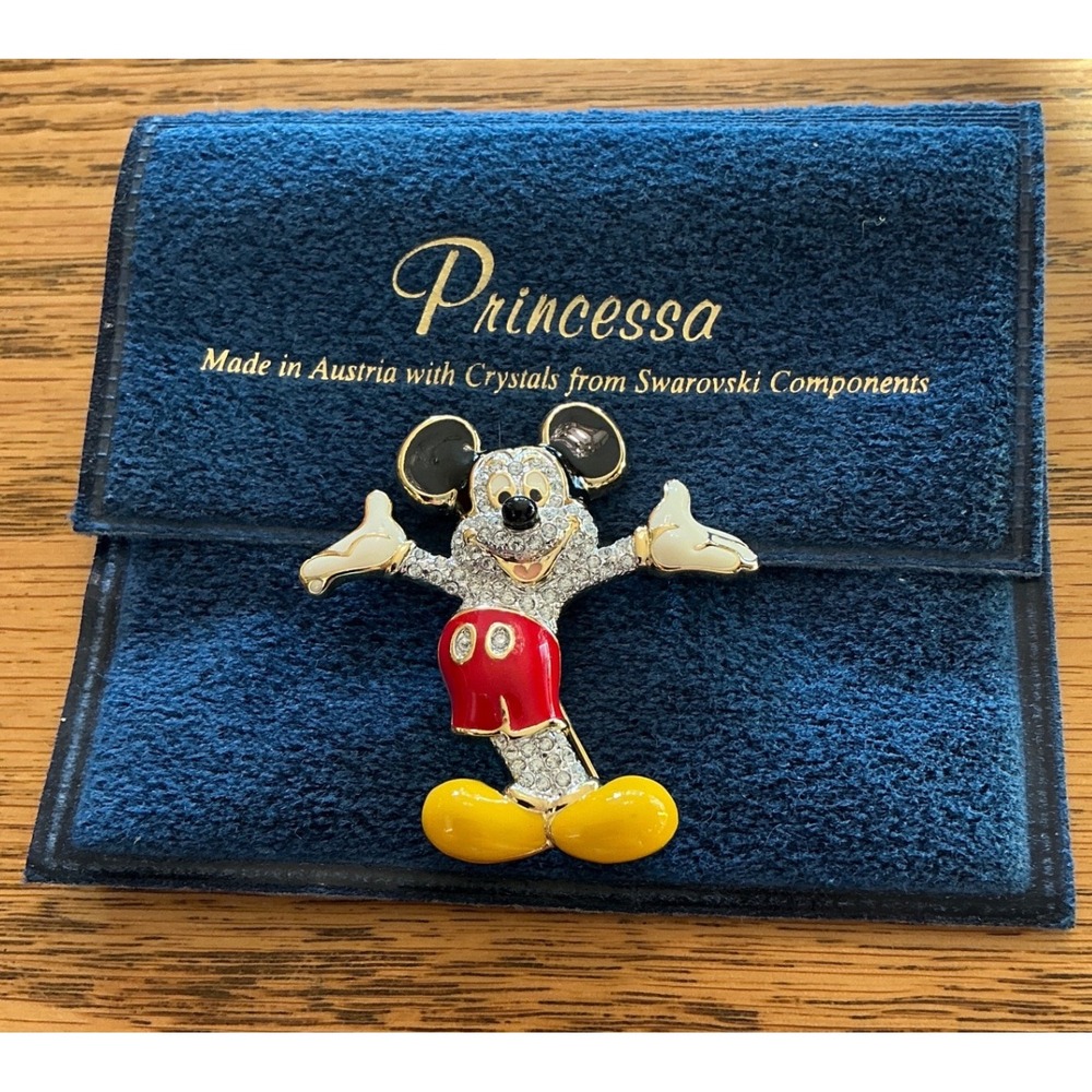 Disney Mickey Mouse Princessa Swarovski Crystal Enamel Pin Brooch Austria Pouch